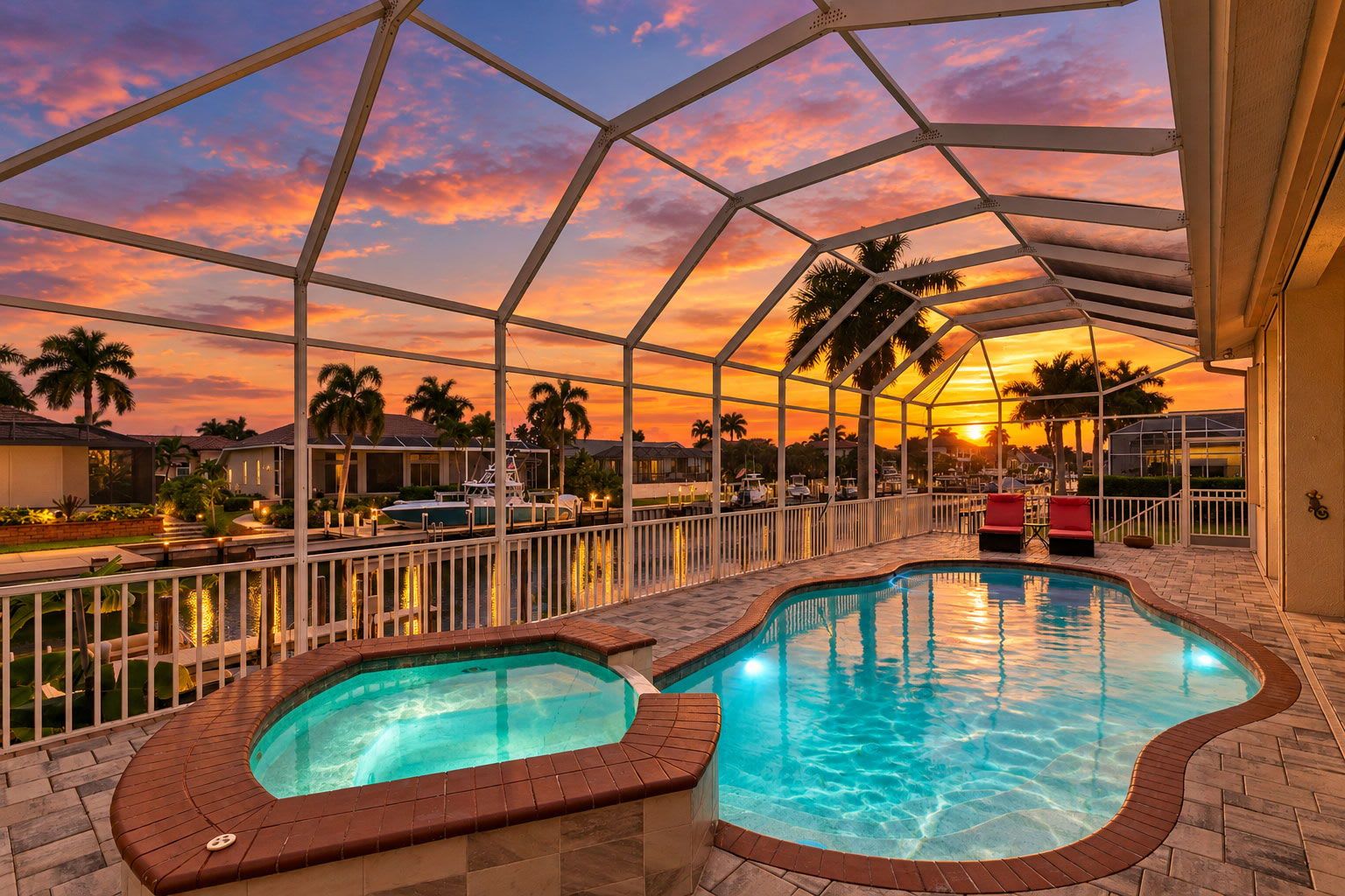 A pool area with a glass enclosure, two hot tubs, and a sunset view.