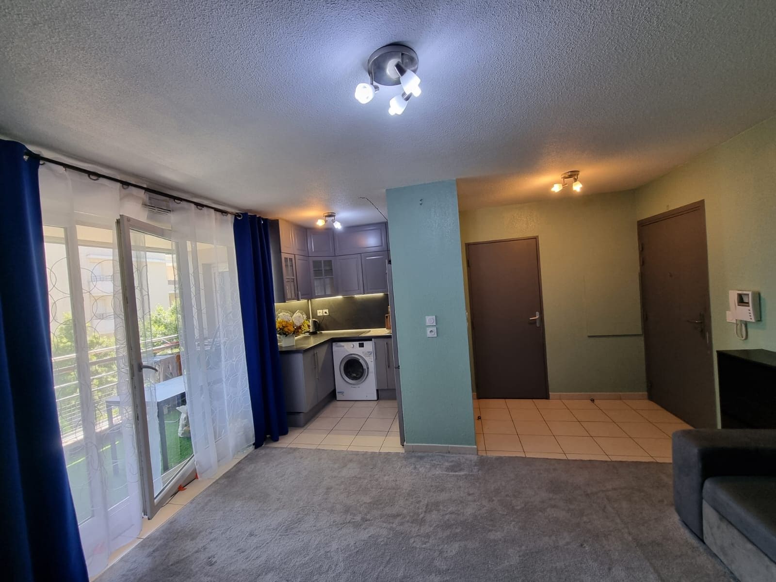A compact living space with a kitchen, a washing machine, a sliding glass door, and a dark-colored sofa.