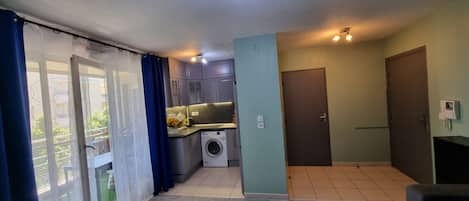 A compact living space with a kitchen, a washing machine, a sliding glass door, and a dark-colored sofa.