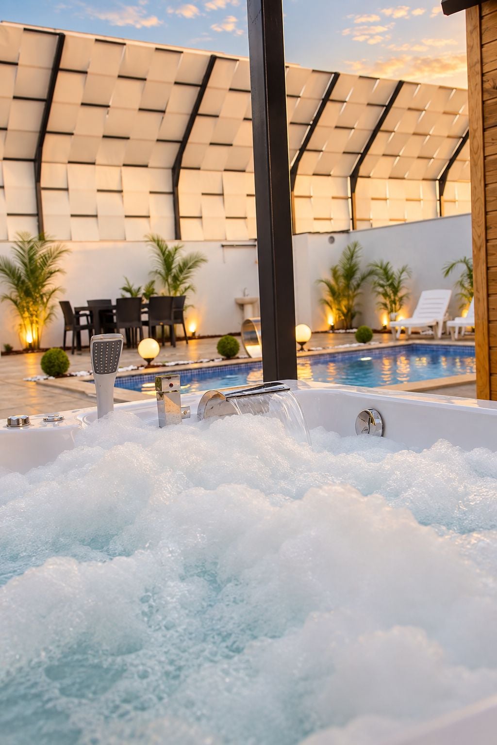 Jacuzzi con chorros de agua, rodeado de sillones de descanso y una piscina, bajo una zona cubierta de diseño moderno.
