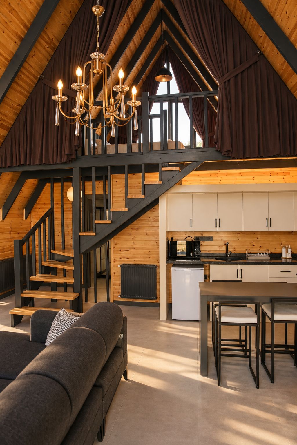 Un interior moderno estilo loft con una escalera de madera, una zona de comedor y una cocina.
