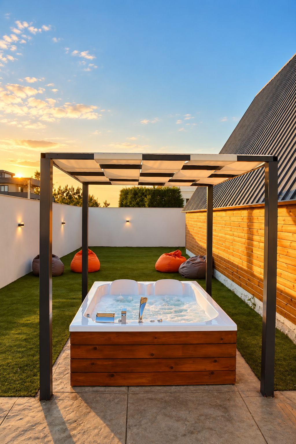 Un jacuzzi bajo una pérgola con una terraza de madera y un muro de ladrillo al fondo.