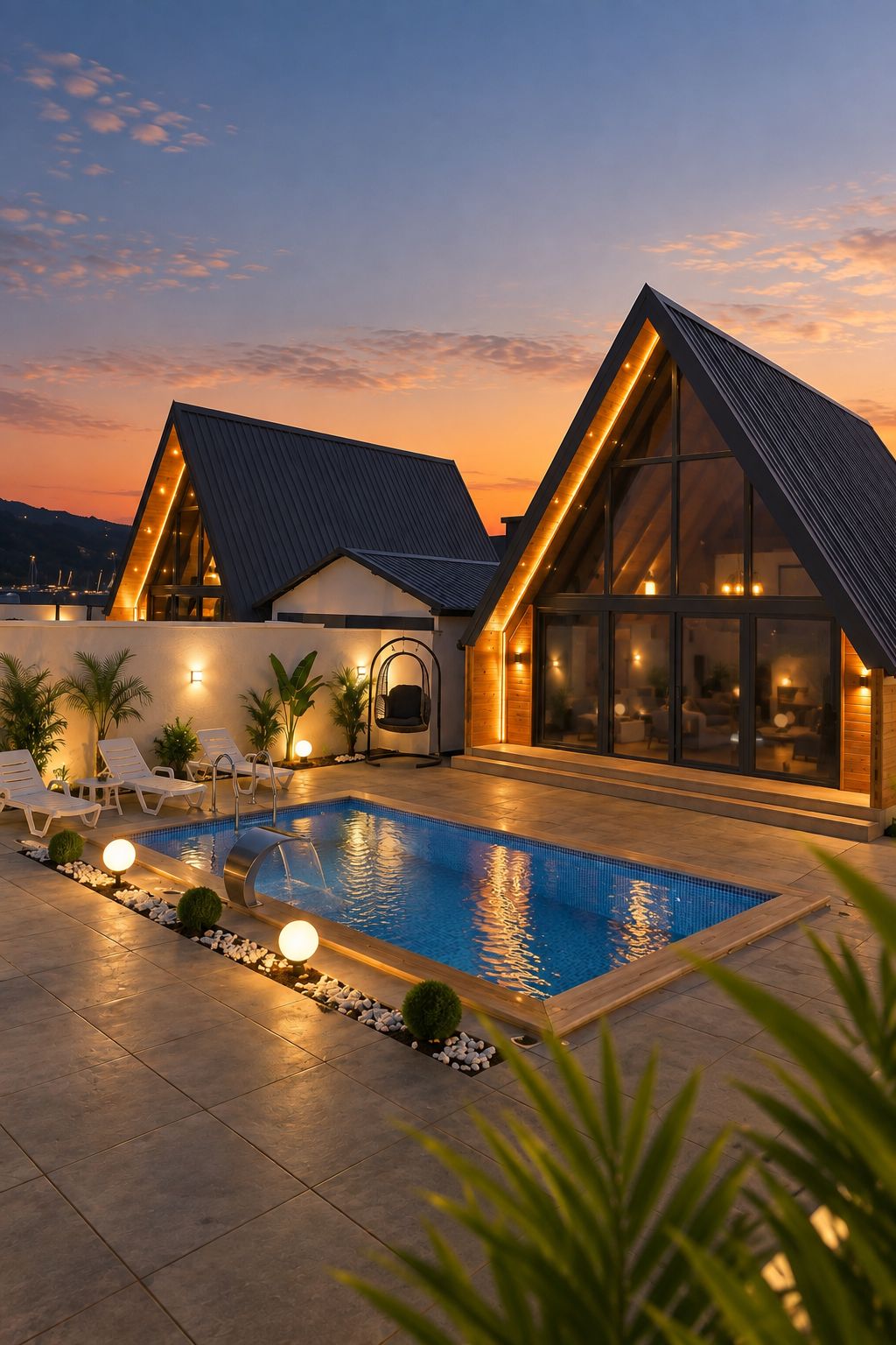 A modern house with a swimming pool, large windows, and a unique triangular roof design.