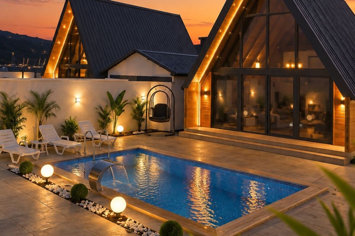 A modern house with a swimming pool, large windows, and a unique triangular roof design.