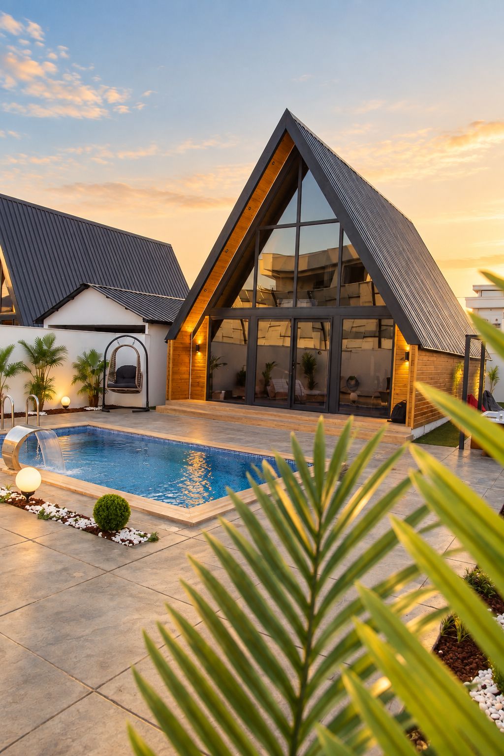 Una casa moderna con piscina, amplias ventanas y techo inclinado.