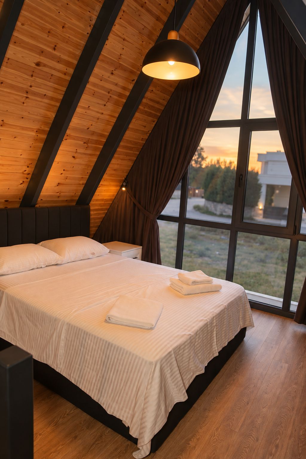 A bedroom with a sloped ceiling, a bed with white linens, a hanging light fixture, and a view of the outdoors through large windows.