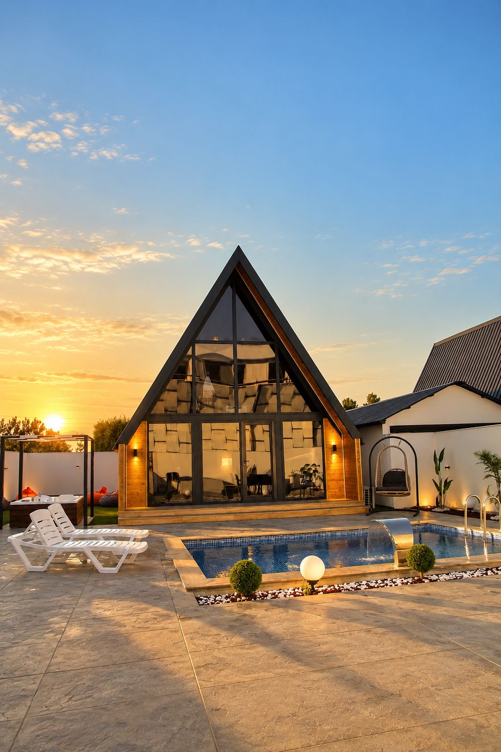 A modern house with a large glass facade, a swimming pool, and outdoor seating.