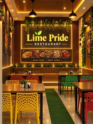 Ein Restaurantinnenraum mit einer Wand in der Mitte, auf der der Name 'Lime Pride Restaurant' und eine Speisekarte stehen. Tische und Stühle sind zum Essen angerichtet.