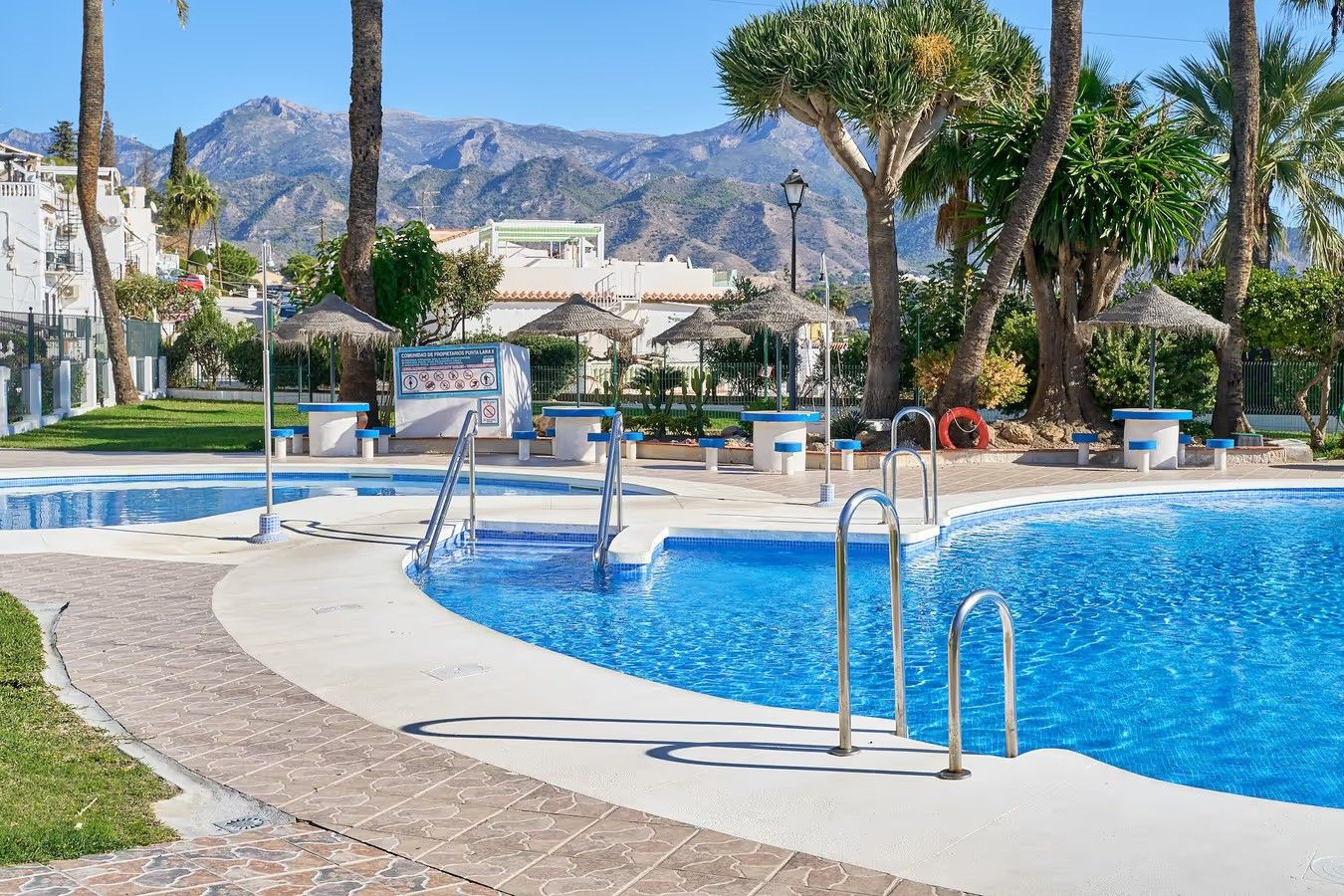 A swimming pool with a mountain backdrop, surrounded by palm trees and a paved walkway.