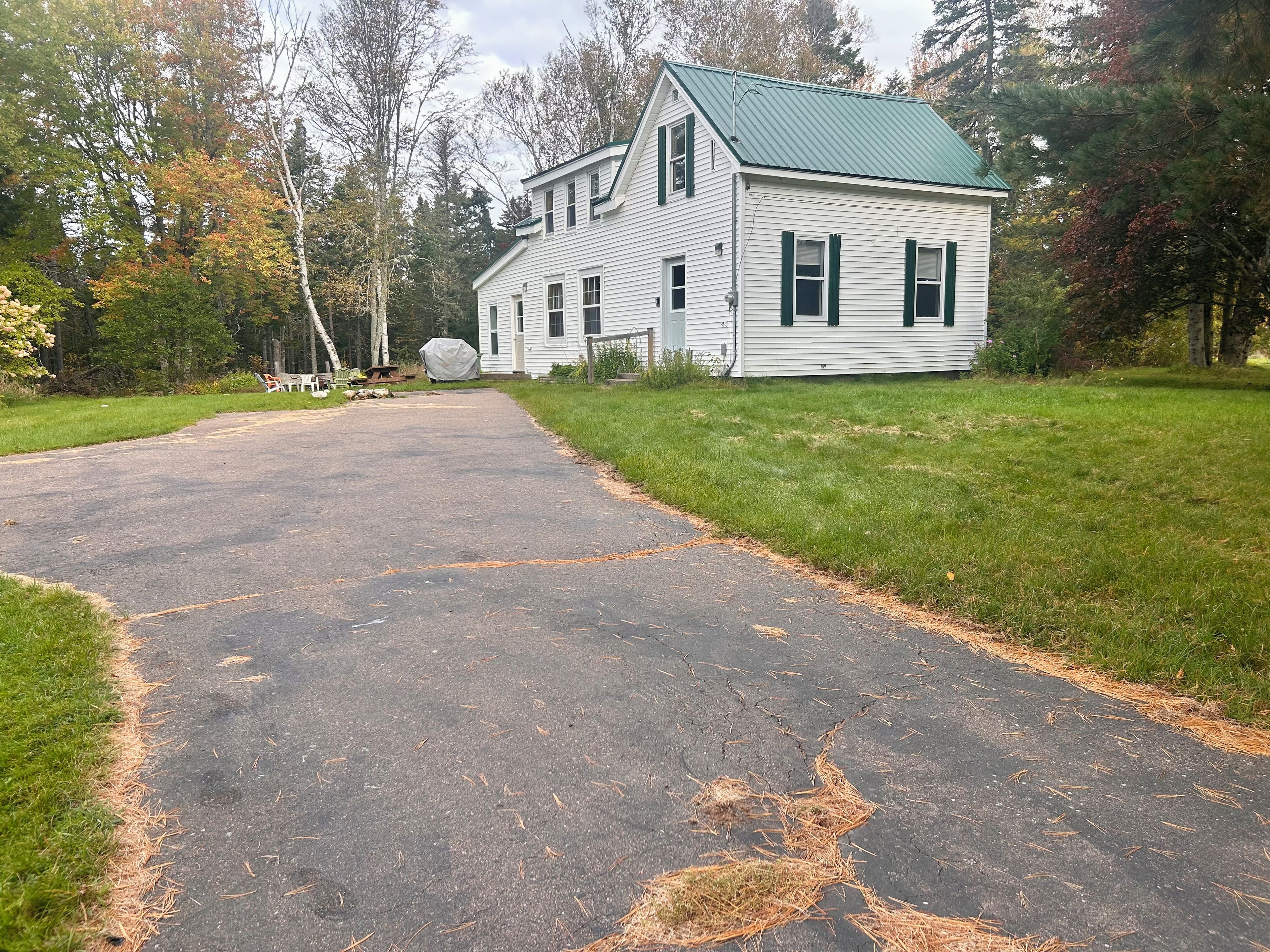 A two-story house with a green roof, a driveway leading to the front door, and a lawn with trees in the background.