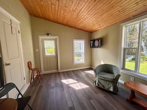 A room with a wooden ceiling, a door, a window, a dartboard, and a chair.