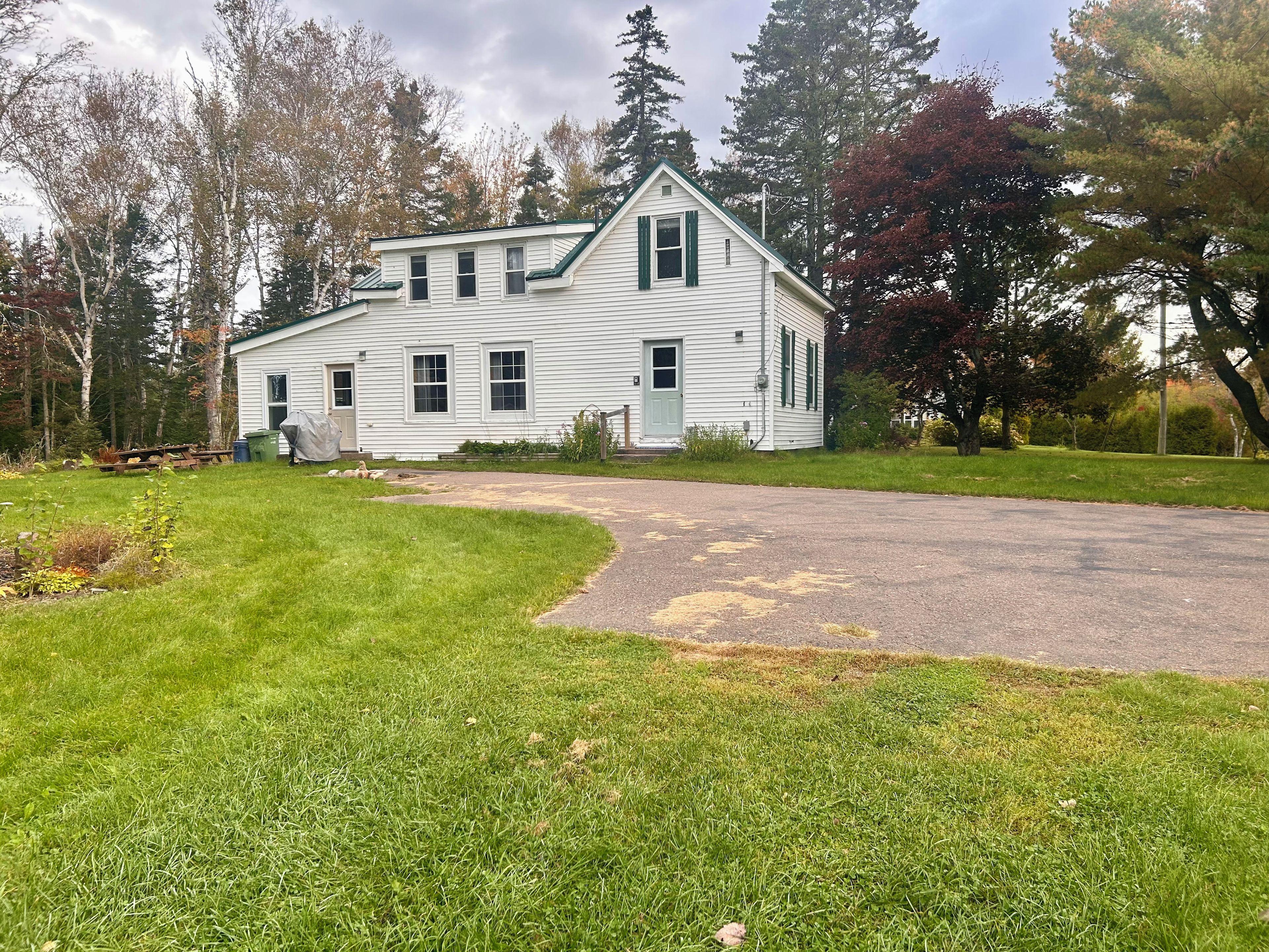 A two-story white house with a green roof, surrounded by a grassy yard and trees.