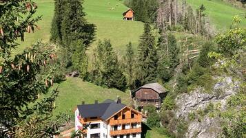 Paesaggio montano rurale con una grande casa di legno immersa nel verde e un cielo sereno.