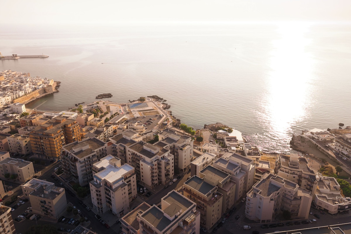 An aerial view of a coastal city with dense urban development, including multi-story buildings and a fortified structure by the sea.