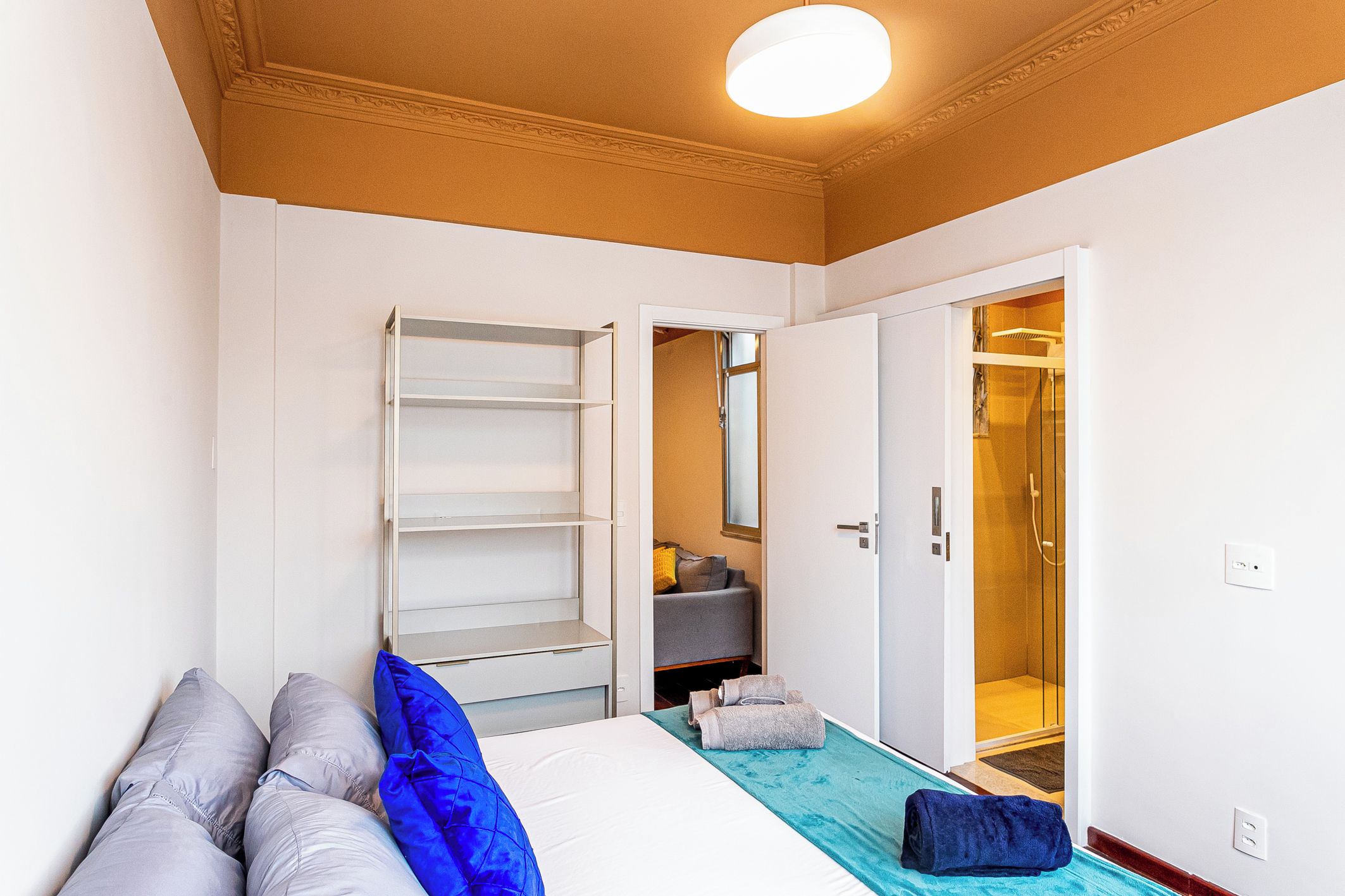 A bedroom with a bed, a wardrobe, a bathroom with a shower, and a hallway.