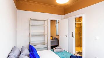 A bedroom with a bed, a wardrobe, a bathroom with a shower, and a hallway.