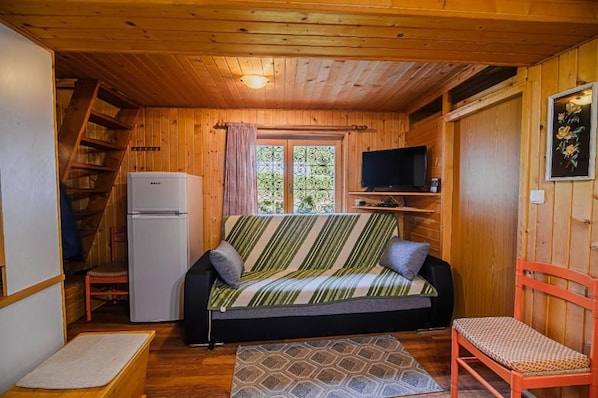 Een knus cabin interieur met een bank, een televisie, een koelkast en een houten trap.