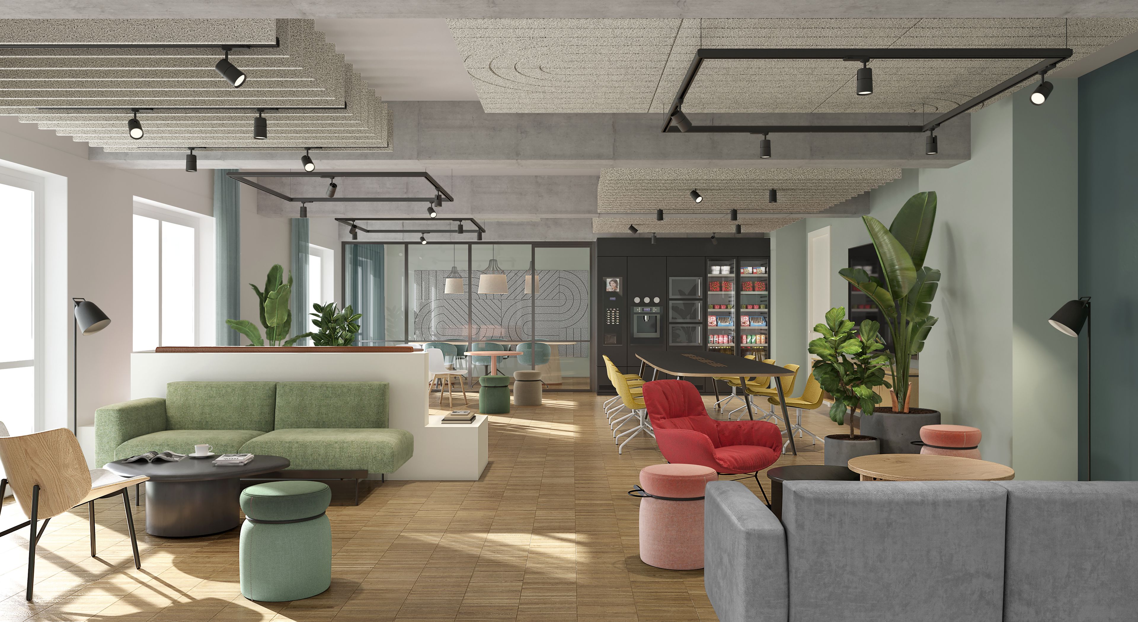 A modern interior with a green sofa, red chair, and various seating options.
