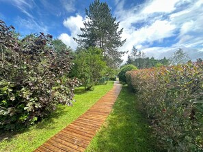 A wooden pathway in a garden with various shrubs and trees. - 'Les Hortensias', country-style cottage with Shared Pool, Private Terrace and Unlimited Wi-Fi (Monteaux)