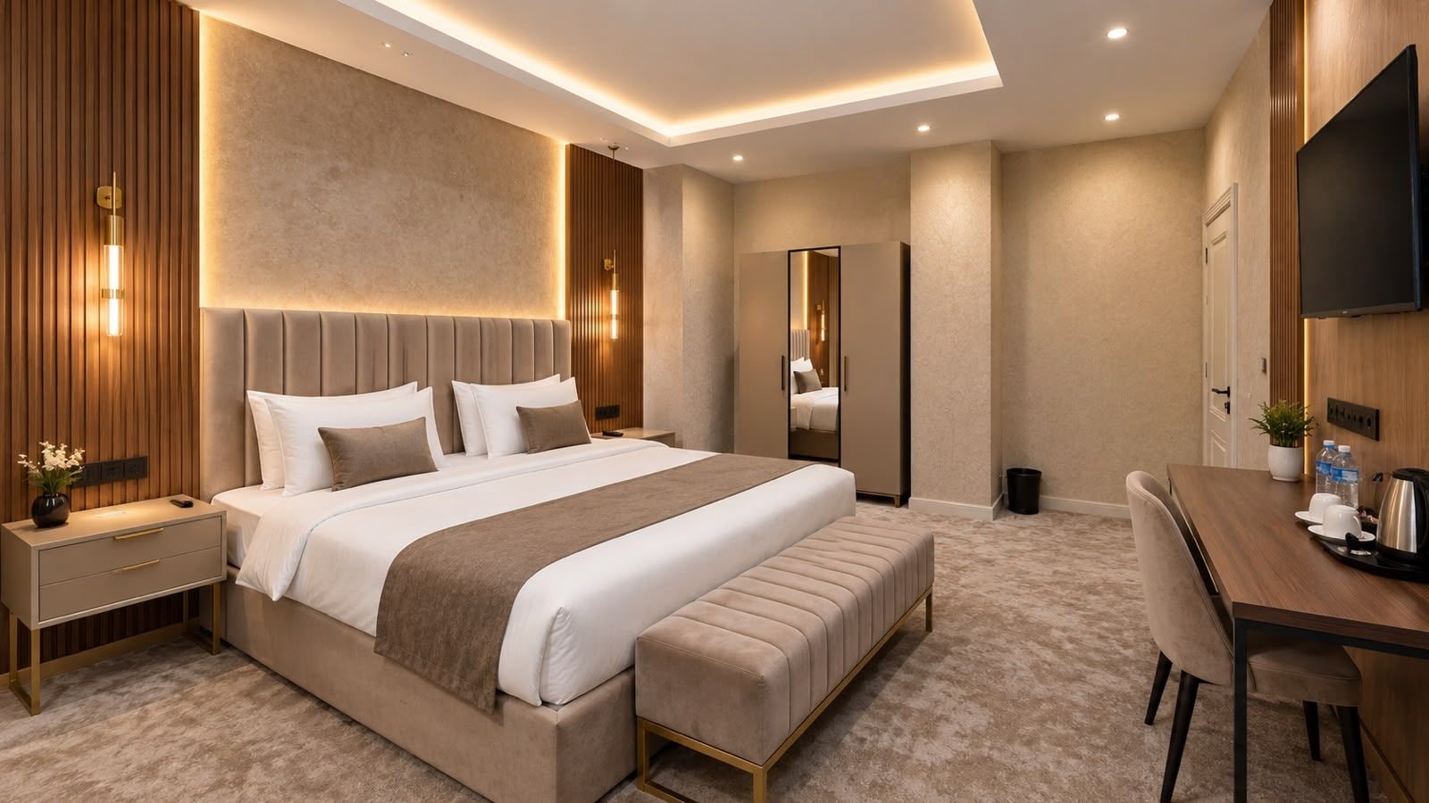 Ein modernes Hotelzimmer mit einem großen Bett, Nachttischen, einem Schreibtisch und einem Fernseher.