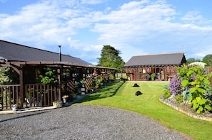 A building with a covered walkway and a grassy lawn with two dogs.