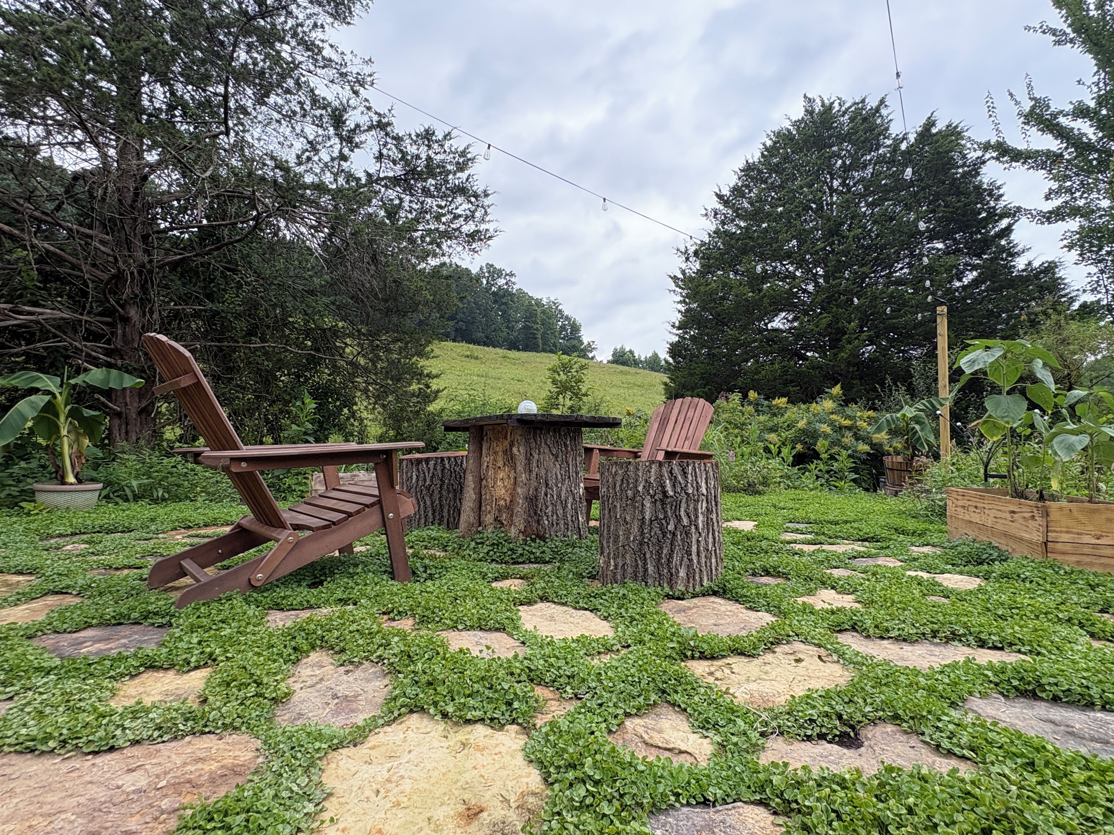A garden area with wooden furniture, a tree stump, and a wooden structure.
