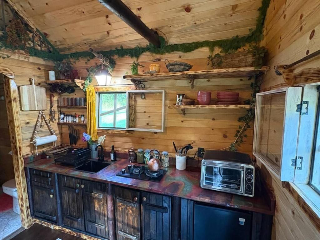A rustic wooden cabin interior with a kitchen area featuring a sink, a toaster, and various kitchen utensils.