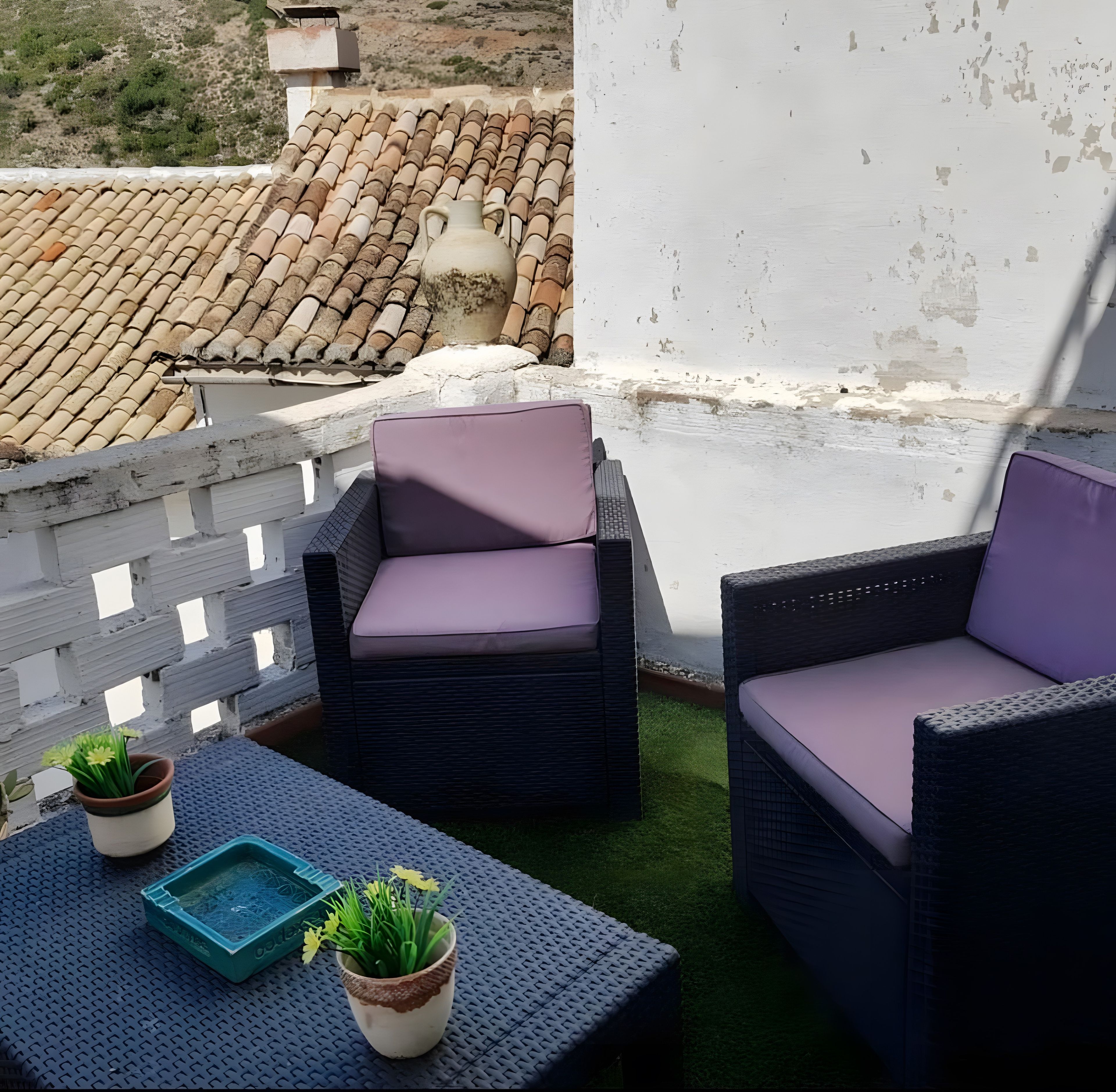 Une terrasse sur le toit, aménagée avec des meubles en osier et des plantes en pot.
