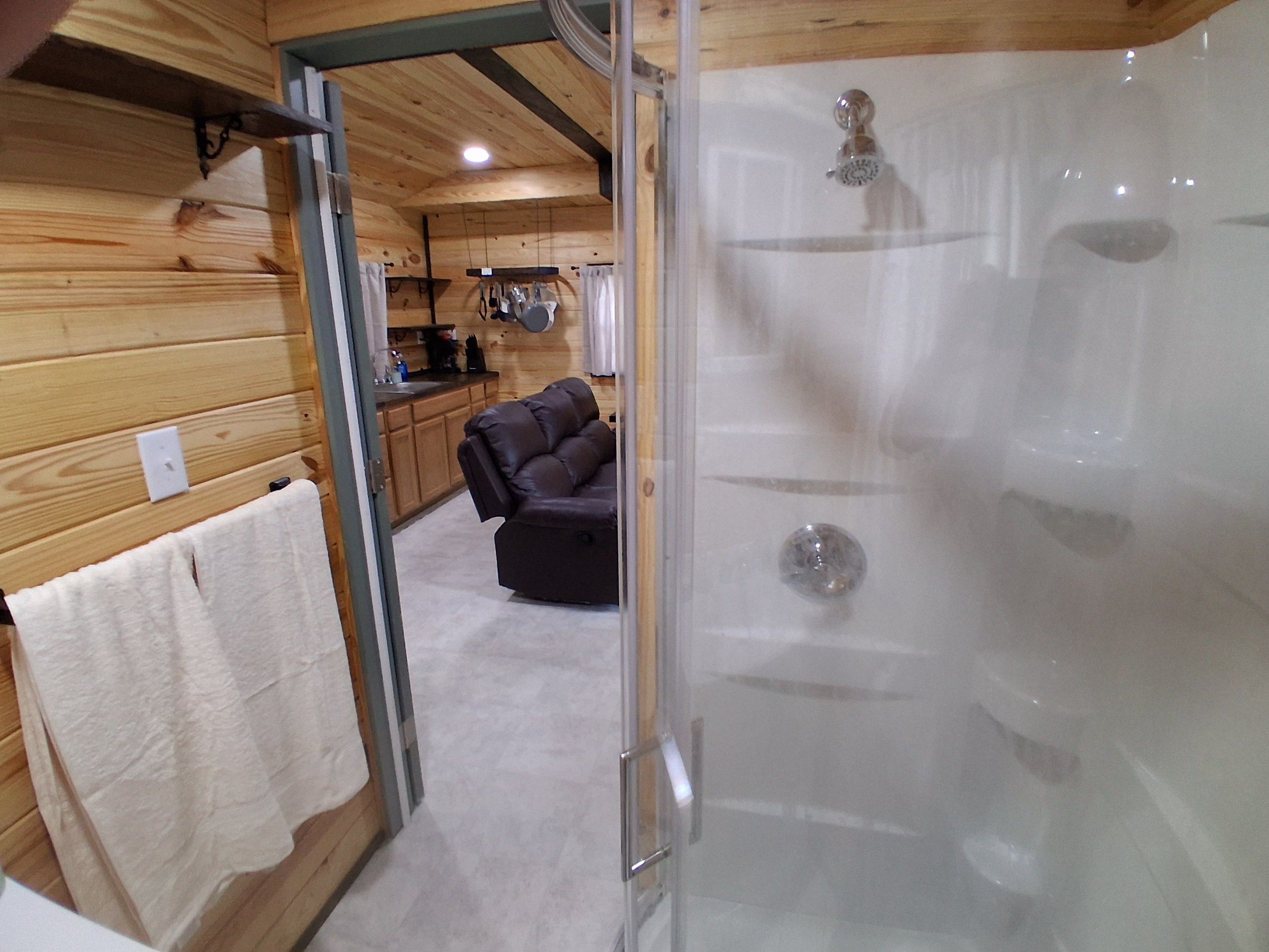 A room with a glass-enclosed shower, a sofa, and a kitchen area in the background.