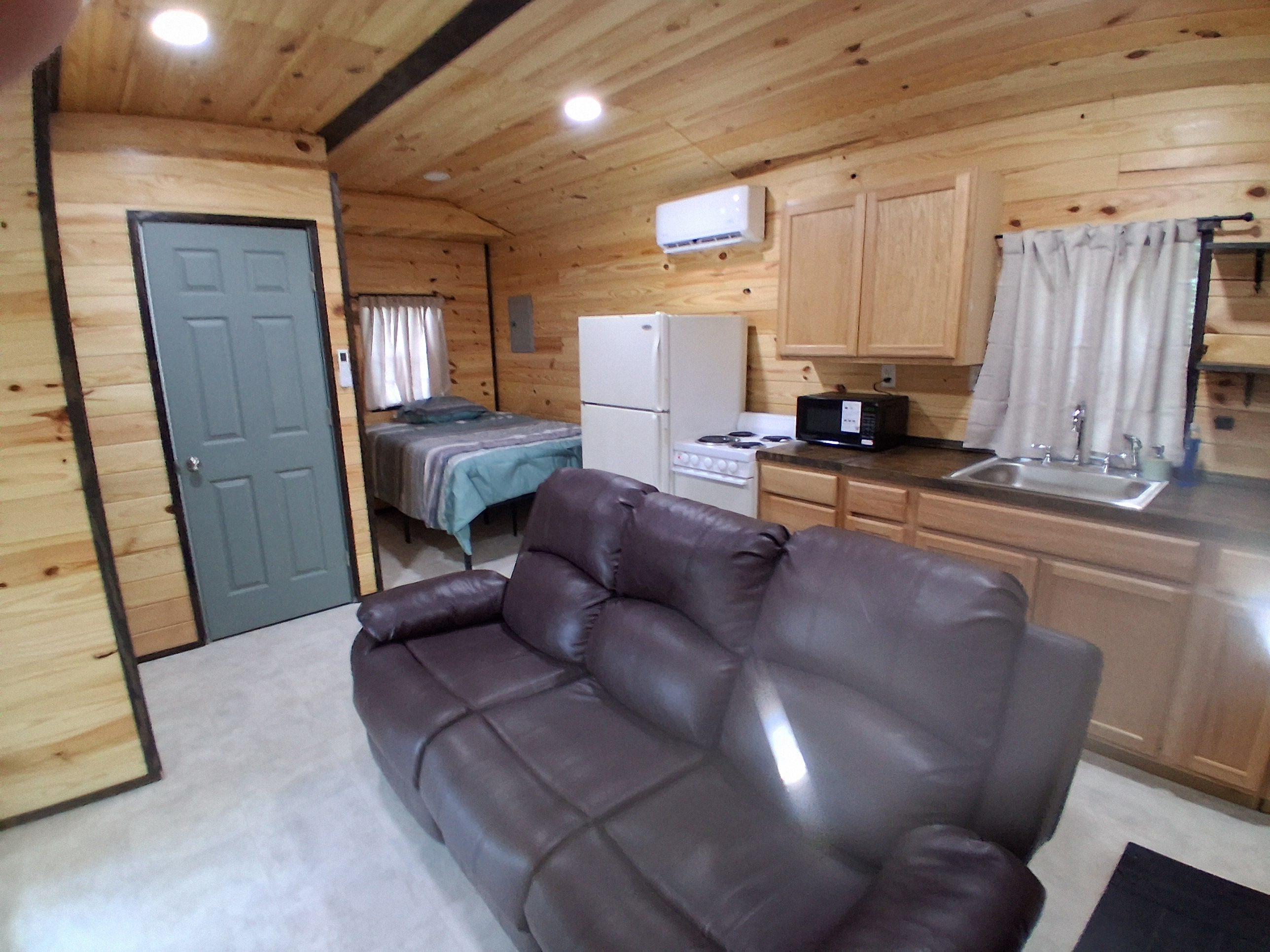 A compact living space with a sofa, a bed, a kitchenette, and a door.