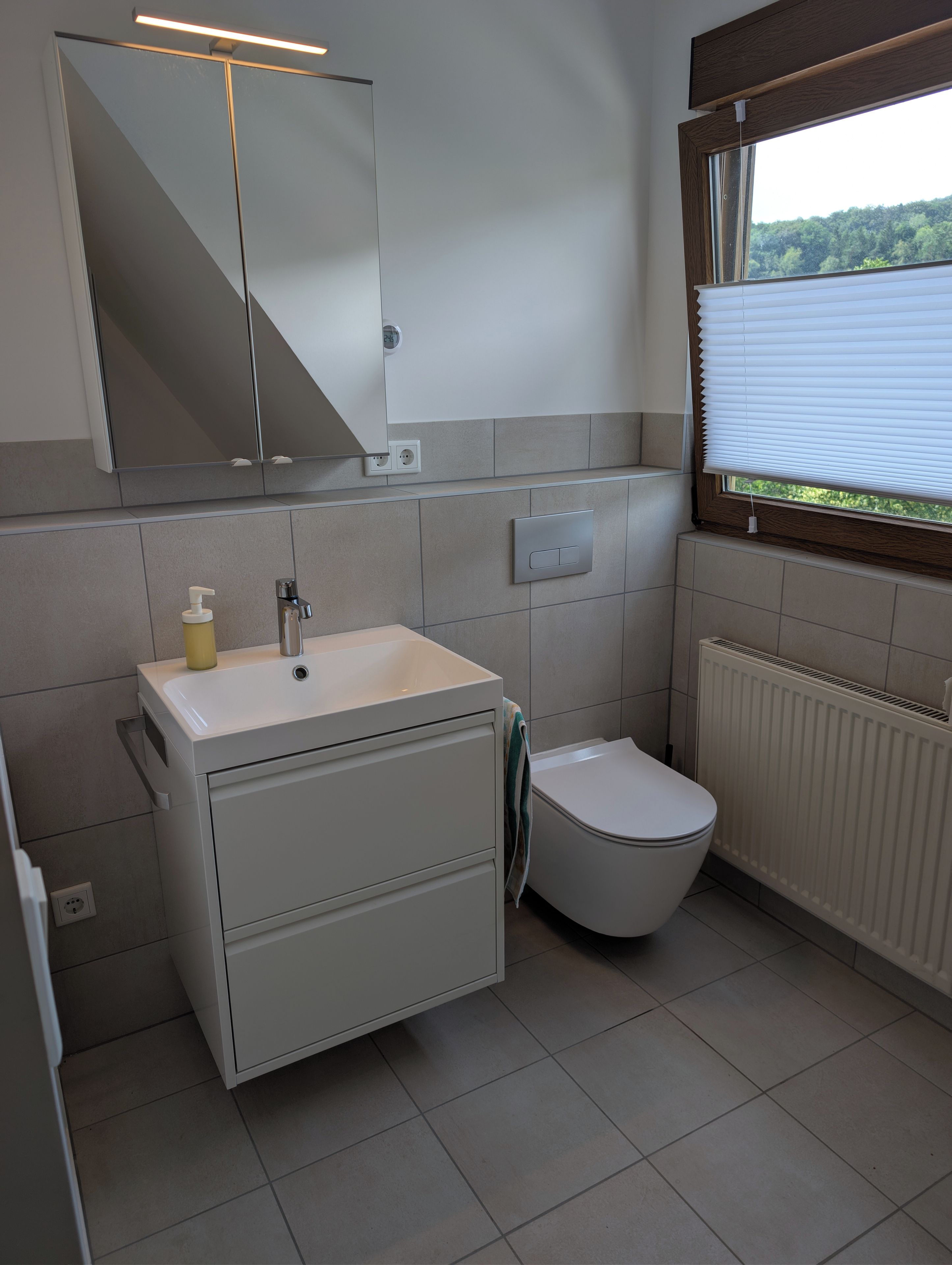 A modern bathroom with a toilet, sink, and mirror.