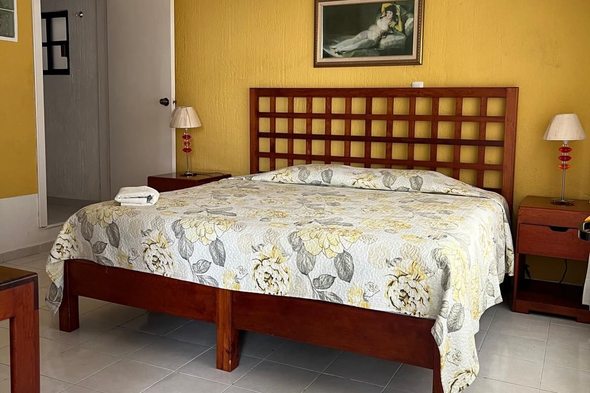 A bedroom with a wooden bed, a bedside table, a nightstand, a door, and a painting on the wall.