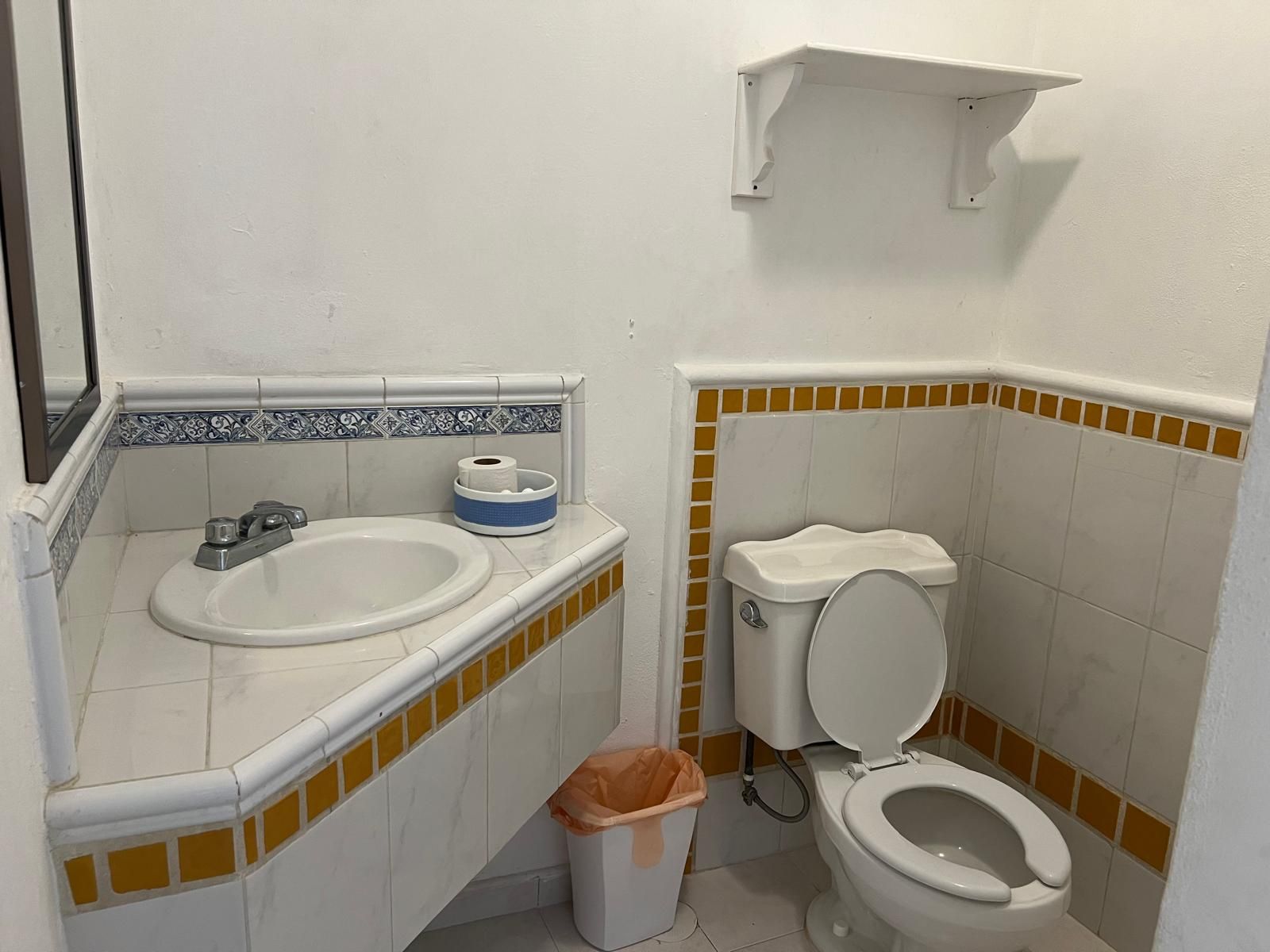 A small bathroom with a sink, toilet, and a trash bin.