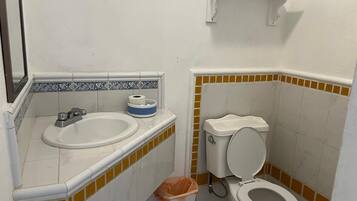 A small bathroom with a sink, toilet, and a trash bin.