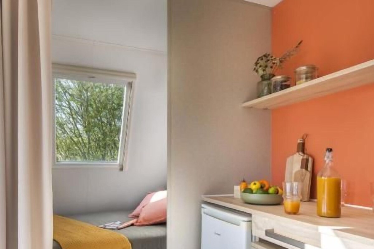 Una cocina compacta con ventana, un refrigerador pequeño, un lavamanos y una encimera con un frutero y una botella.
