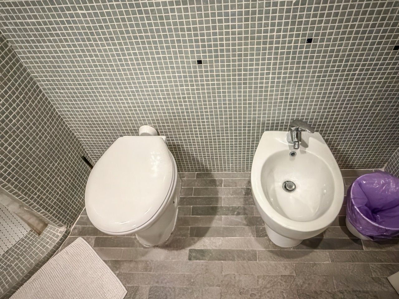 Een badkamer met toilet, hygiëneschuimer en een vuilnisbak.