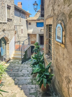 A narrow stone staircase leading to a building entrance, surrounded by potted plants and a metal railing. - Domus Claudia - Castiglione in Teverina (Castiglione In Teverina)