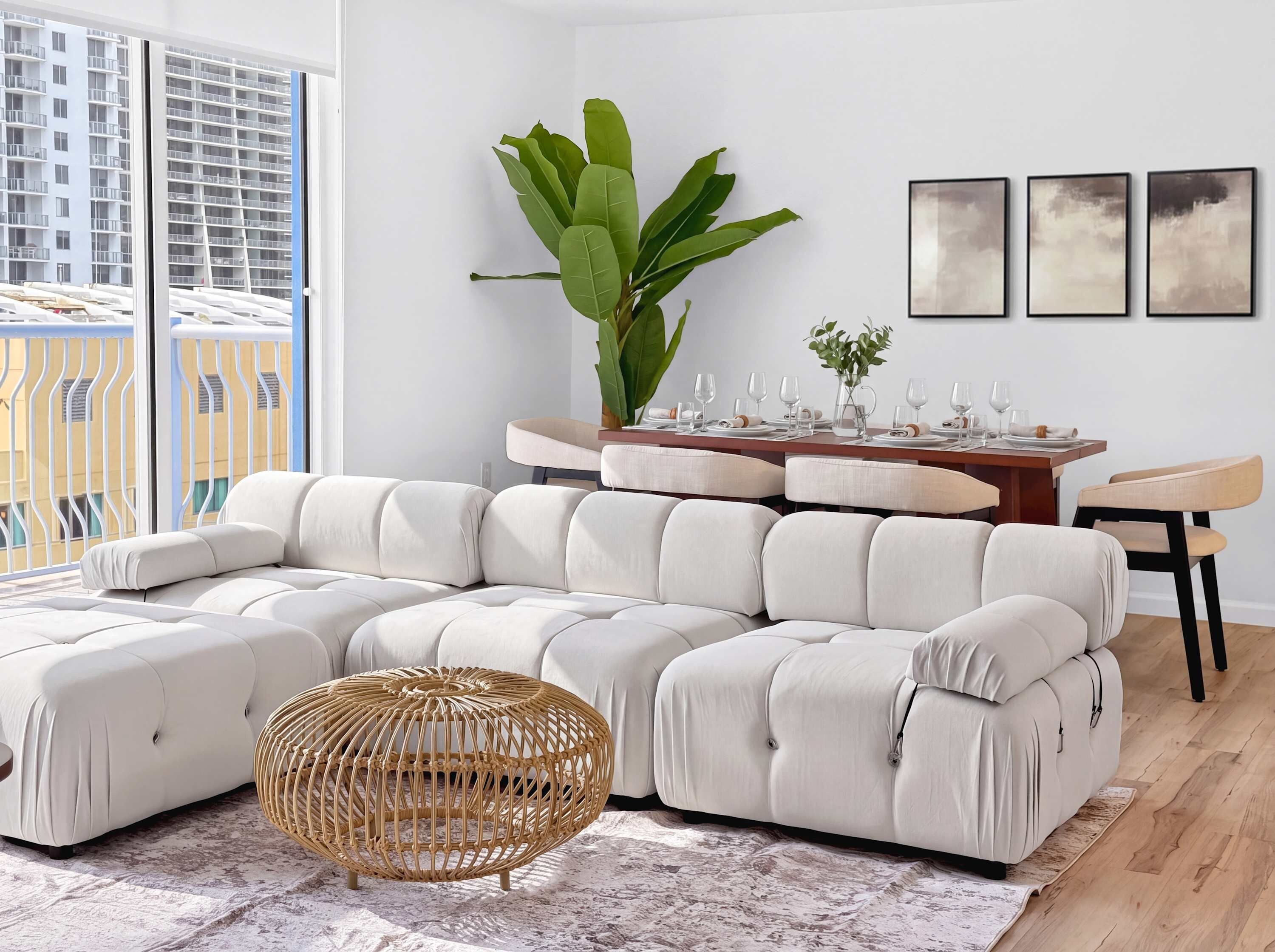 A modern living room with a sectional sofa, a dining table set for four, and a large plant.