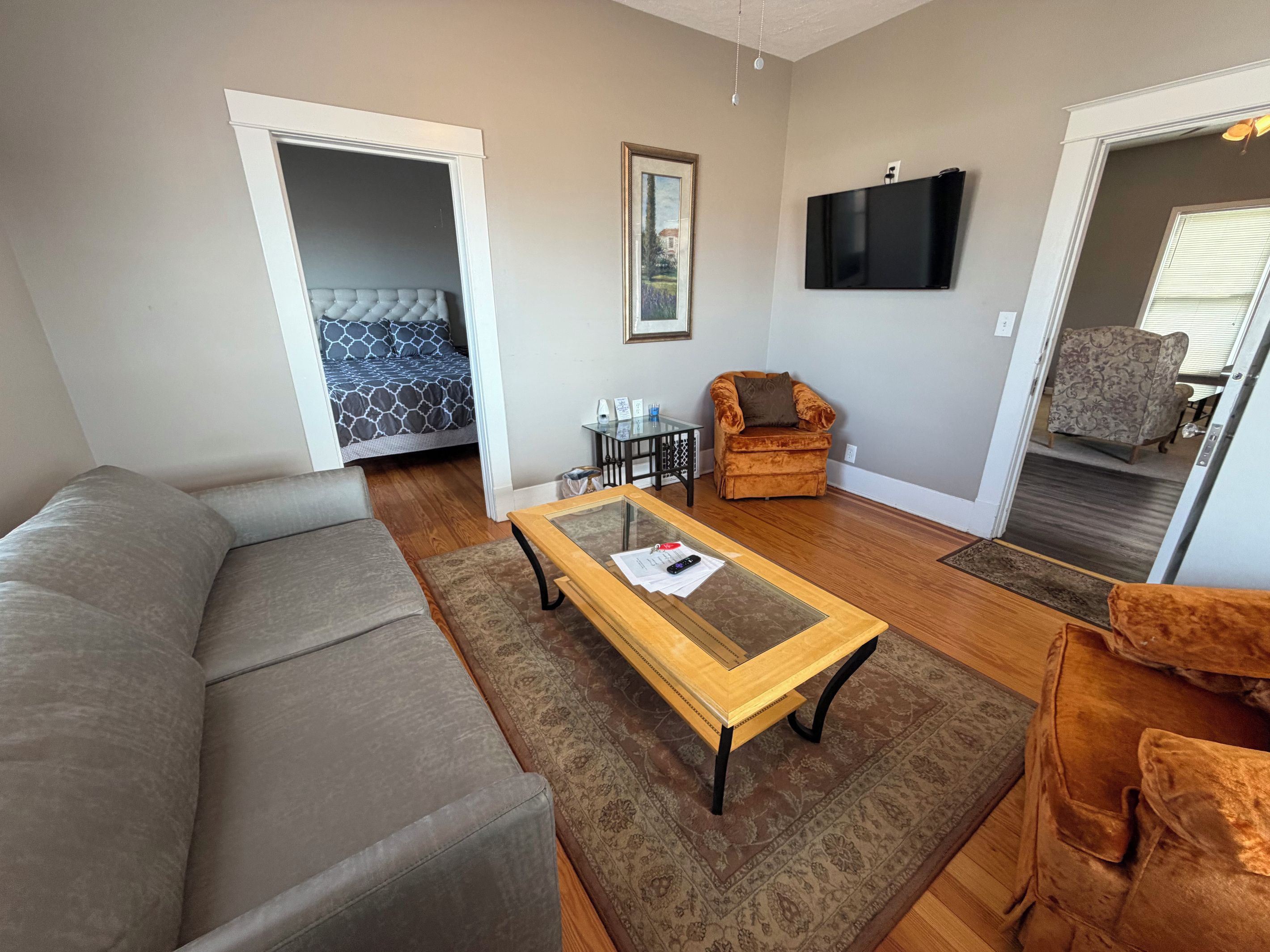 A living room with a grey sofa, a wooden coffee table, a patterned rug, a television, and a door leading to another room.