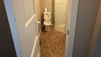 Un baño con inodoro, ducha y una puerta que da a otra habitación.