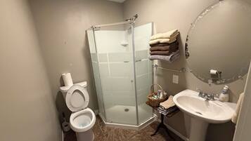 A bathroom with a glass-enclosed shower, a toilet, a sink, and a towel rack with towels.
