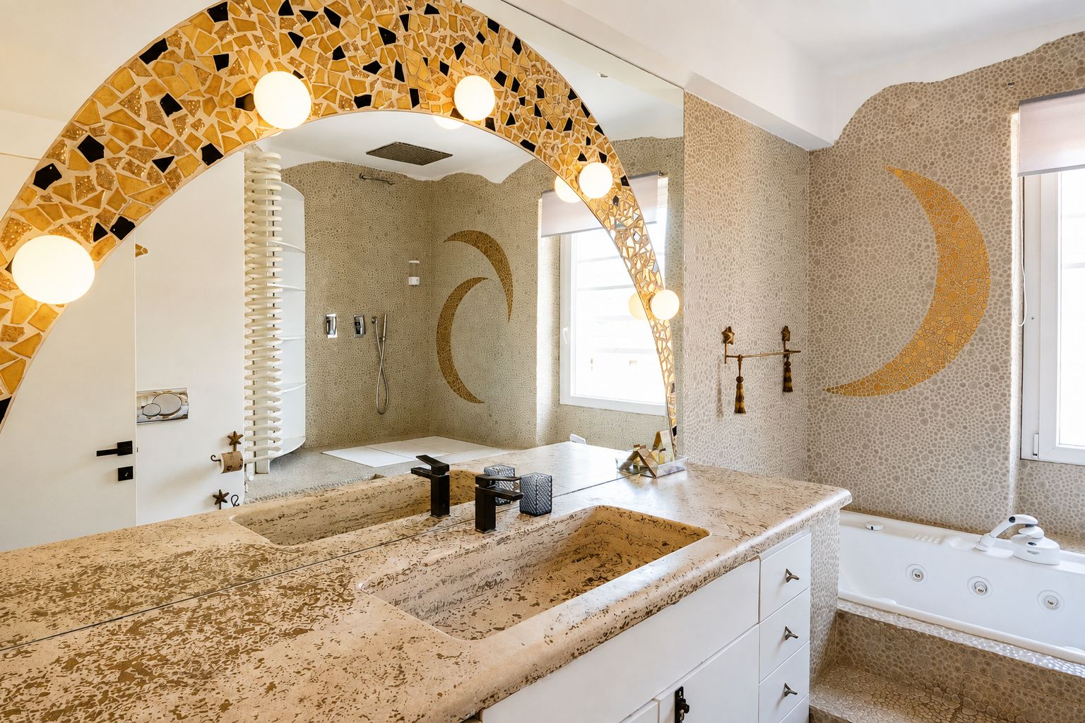 A bathroom with a large mirror, a sink, and a bathtub.