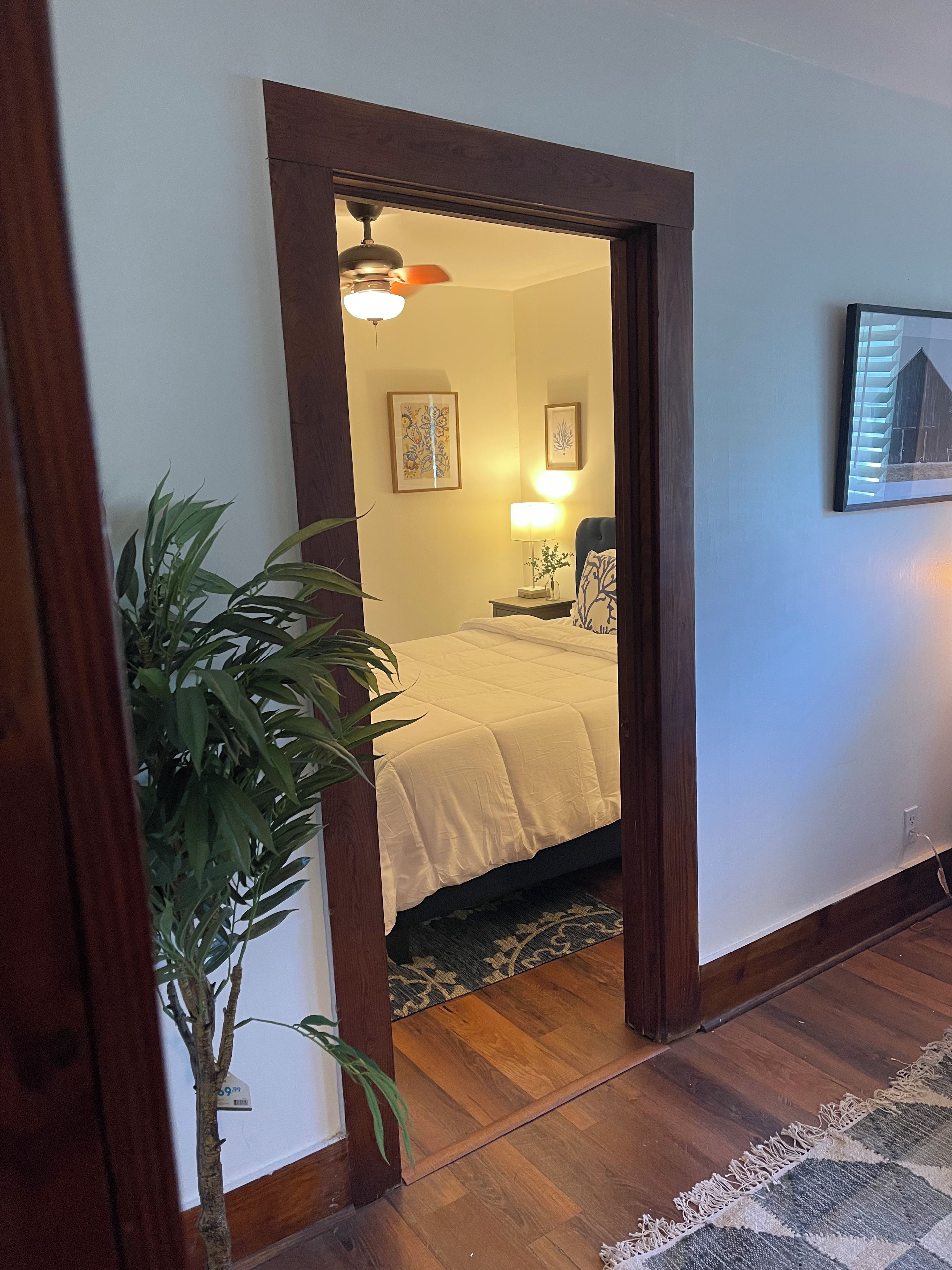 A bedroom with a bed, a nightstand, a lamp, a ceiling fan, and a framed picture on the wall.
