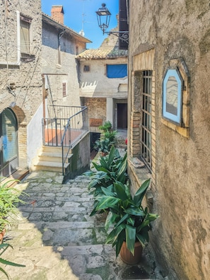 A narrow stone staircase leading to a building entrance, flanked by potted plants and a metal railing. - Domus Claudia (Castiglione In Teverina)