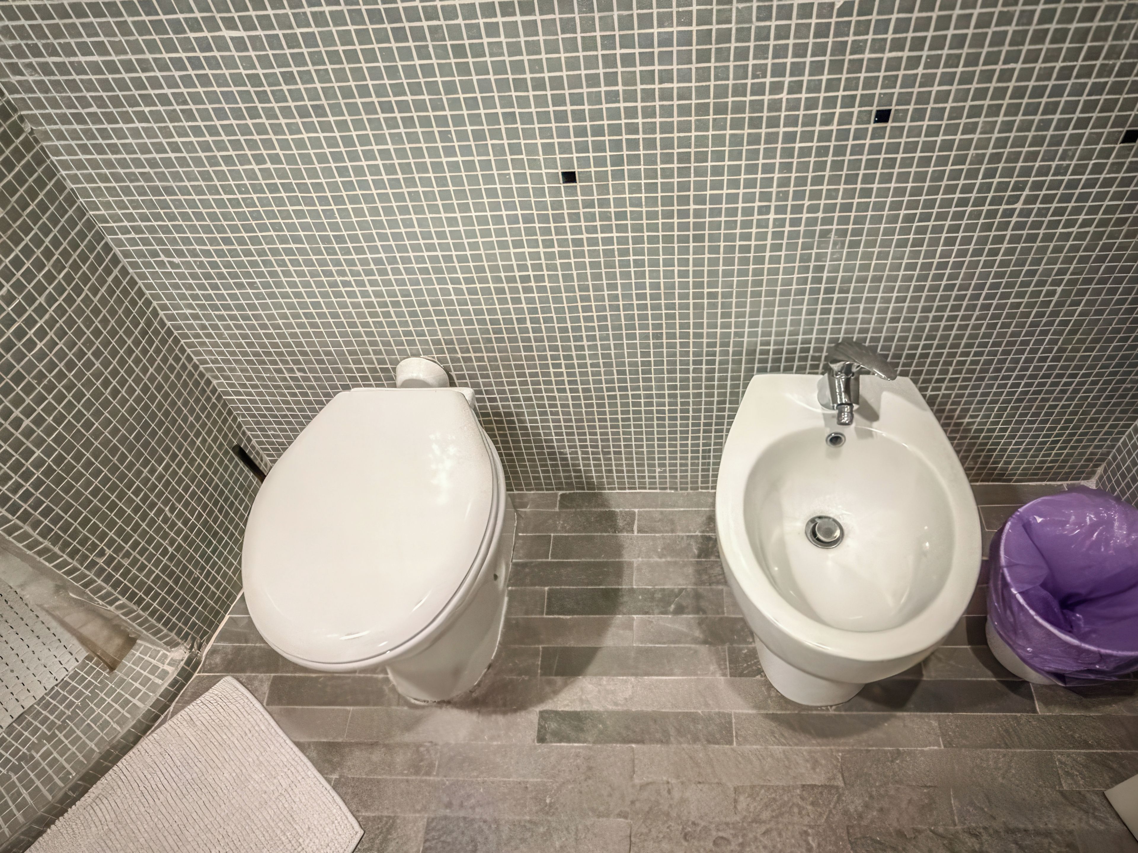 A bathroom with a toilet, bidet, and a trash bin.