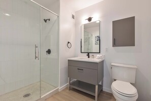 A modern bathroom with a glass shower enclosure, a white sink with a mirror, and a toilet. - Modern Apt Near Kendall Square (Cambridge, MA)