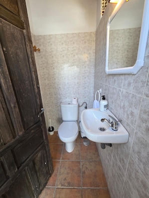 Une salle de bain avec des toilettes, un lavabo et un miroir.