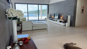 A modern living room with a large window, a sofa, a coffee table, and a television. - Daniel Bay - Modern 6-bedroom beachfront house in Willoughby Bay (St Paul)