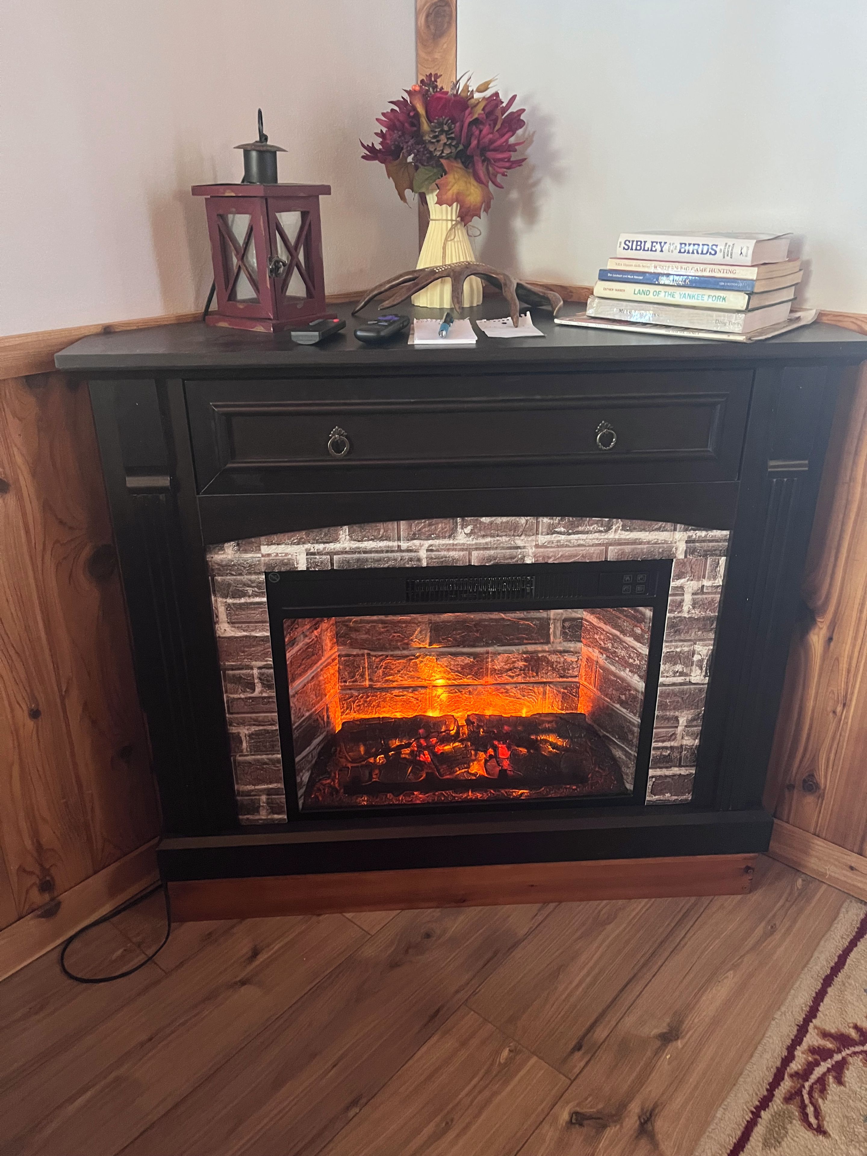 A fireplace with a brick facade and a visible fire, a small table with a vase of flowers, and a stack of books on the mantel.
