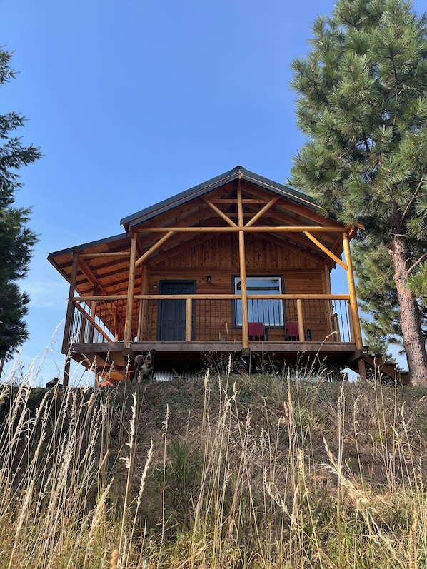 Una cabaña de madera con balcón, puerta principal y ventana.